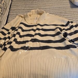 Talbots Cream and Black Striped Turtleneck Sweater